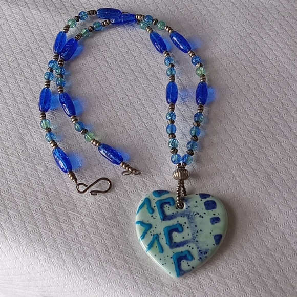 Handmade Necklace of Sterling, hand blown glass,Ceramic Pendant - Picture 1 of 6